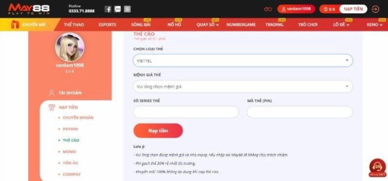 Bạn có thể nạp tiền vào tài khoản bằng Thẻ cào, một hình thức thanh toán tiện lợi và phổ biến.
