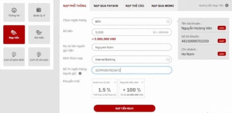 Cách nạp tiền tại nhà cái RED88 rất đơn giản và tiện lợi. Bạn có thể nạp tiền qua nhiều phương thức khác nhau như chuyển khoản ngân hàng, sử dụng ví điện tử, thẻ cào điện thoại và nhiều hình thức khác. Quá trình nạp tiền diễn ra nhanh chóng và an toàn, đảm bảo thông tin và tài khoản của bạn được bảo mật tuyệt đối.